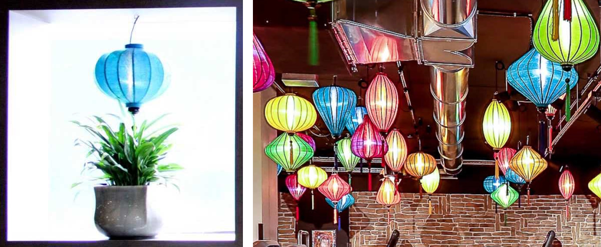 Turquoise hanglampen in een restaurant