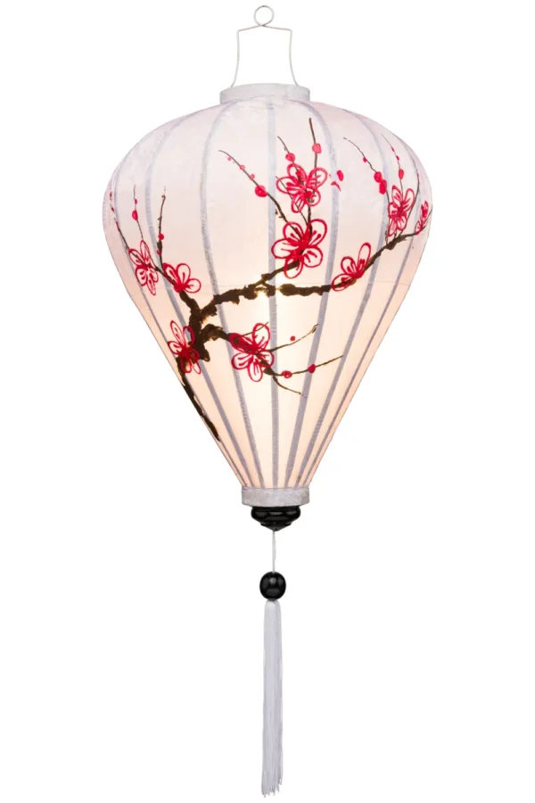 Verlichte Japanse zijden lampion beschildert met een kersenbloesem
