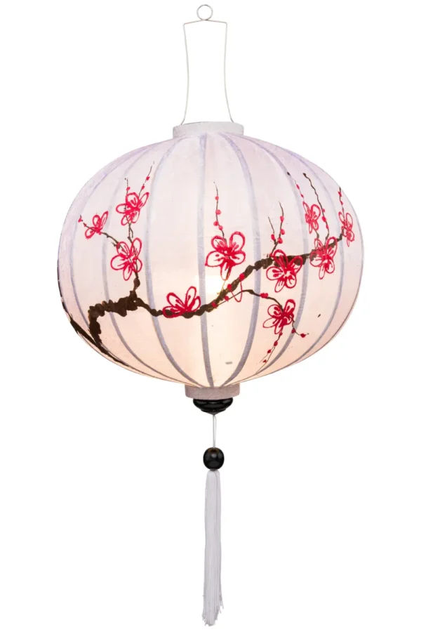 Verlichte ronde chinese zijden lampion beschildert met kersenbloesem